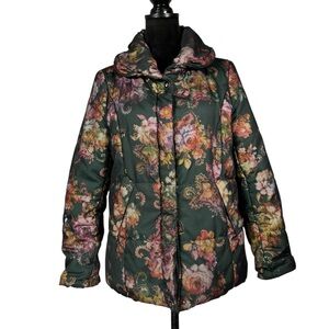 Anlom Green Floral Puffer Jacket Quilted Metallic Multicolor Korean Winter Coat
